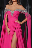 Sparkly Fuchsia A Line Off the Shoulder Maxi Prom Dress with Slit