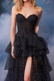 Black and White Sweetheart Dot Tiered Long Prom Dress with Slit