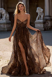 Brown A Line Leopard Spaghetti Straps Maxi Prom Dress with Slit