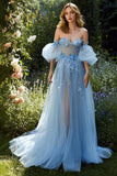 Light Blue A Line Floral Off the Shoulder Long Prom Dress