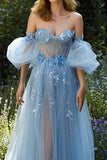 Light Blue A Line Floral Off the Shoulder Long Prom Dress