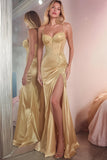 Golden Mermaid Spaghetti Straps Maxi Prom Dress with Slit