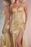 Golden Mermaid Spaghetti Straps Maxi Prom Dress with Slit