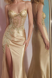 Sparkly Corset Golden Mermaid Long Prom Dress with Slit