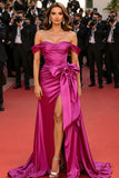 Fuchsia Off the Shoulder Maxi Gala Dress with Bow