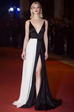 Patchwork Deep V-Neck Maxi Black and White Dress with Slit