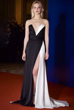 Strapless Long Black and White Patchwork Dress with Slit
