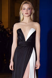 Strapless Long Black and White Patchwork Dress with Slit