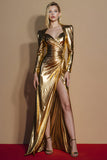 Golden Long Sleeves Ruched Gala Dress with Slit