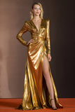 Golden V-Neck Long Sleeves Gala Dress with Slit