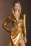 Golden V-Neck Long Sleeves Gala Dress with Slit