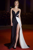 Patchwork Spaghetti Straps Long Black and White Dress with Slit