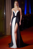 Patchwork Long Black and White Strapless Dress with Slit