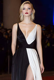 Deep V-Neck Patchwork A Line Maxi Black and White Dress with Slit