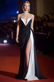 Patchwork Strapless Ruched Long Black and White Dress with Slit