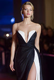 Patchwork Strapless Ruched Long Black and White Dress with Slit