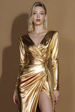 Golden V-Neck Metallic Long Sleeves Gala Dress with Slit