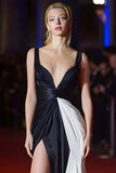 Simple Ruched Patchwork Long Black and White Dress with Slit