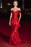 Red Mermaid Off the Shoulder Maxi Gala Dress with Ruffles