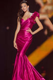 Fuchsia Mermaid One Shoulder Maxi Red Carpet Dress with Ruffles