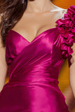 Fuchsia Mermaid One Shoulder Maxi Red Carpet Dress with Ruffles