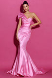 Hot Pink One Shoulder Mermaid Long Elegant Red Carpet Dress