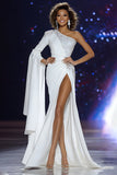 White Mermaid Beaded One Shoulder Maxi Red Carpet Dress with Slit