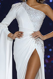White Mermaid Beaded One Shoulder Maxi Red Carpet Dress with Slit