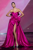 Fuchsia Strapless A Line Maxi Red Carpet Dress with Bow
