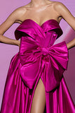 Fuchsia Strapless A Line Maxi Red Carpet Dress with Bow