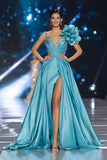 Sparkly Blue A Line 3D Flower Long Red Carpet Dress with Slit