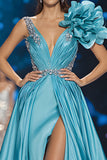 Sparkly Blue A Line 3D Flower Long Red Carpet Dress with Slit