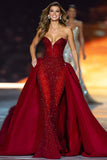 Sparkly Dark Red Sweetheart Sequin Long Red Carpet Dress with Cape