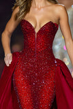 Sparkly Dark Red Sweetheart Sequin Long Red Carpet Dress with Cape