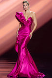 Fuchsia Mermaid One Shoulder Long Red Carpet Dress with Ruffles