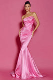 Hot Pink Strapless Ruched Long Mermaid Red Carpet Dress