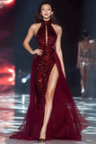 Sparkly Burgundy High Neck Keyhole Sequin Long Red Carpet Dress with Slit