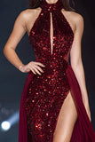 Sparkly Burgundy High Neck Keyhole Sequin Long Red Carpet Dress with Slit