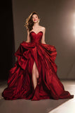 Dark Red Ball Gown Sweetheart Ruffled Long Red Carpet Dress with Slit