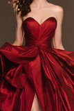 Dark Red Ball Gown Sweetheart Ruffled Long Red Carpet Dress with Slit