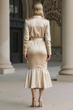 Champagne Mermaid Notched Lapel Midi Work Dress with 3D Flower