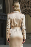 Champagne Mermaid Notched Lapel Midi Work Dress with 3D Flower