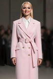 Pink Notched Lapel Maxi Women Blazer with Belt