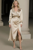 Champagne Notched Lapel Midi Long Sleeves Work Dress with Slit