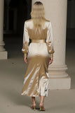 Champagne Notched Lapel Midi Long Sleeves Work Dress with Slit