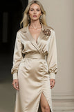 Champagne Notched Lapel Midi Long Sleeves Work Dress with Slit