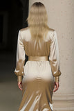 Champagne Notched Lapel Midi Long Sleeves Work Dress with Slit