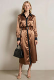 Coffee Collar Neck Midi Long Sleeves Work Dress with Belt