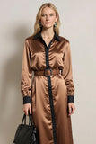 Coffee Collar Neck Midi Long Sleeves Work Dress with Belt