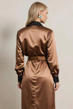 Coffee Collar Neck Midi Long Sleeves Work Dress with Belt